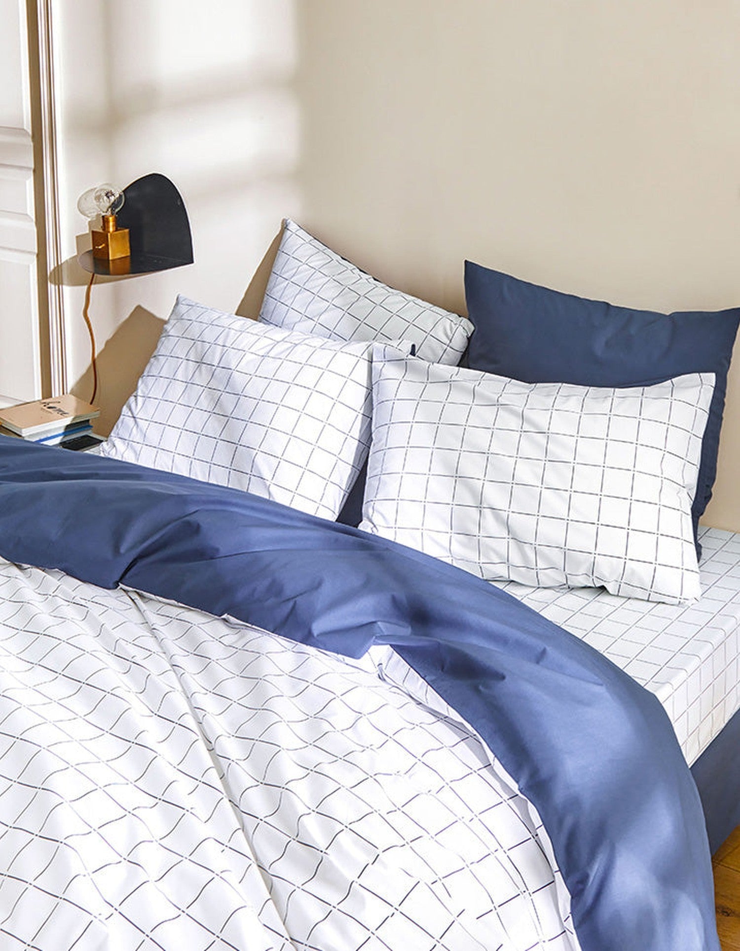 Drap housse en percale de coton - Blanc & Bleu