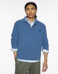 Fox Head Wool Ribbed Polo Jumper - Dutch Blue