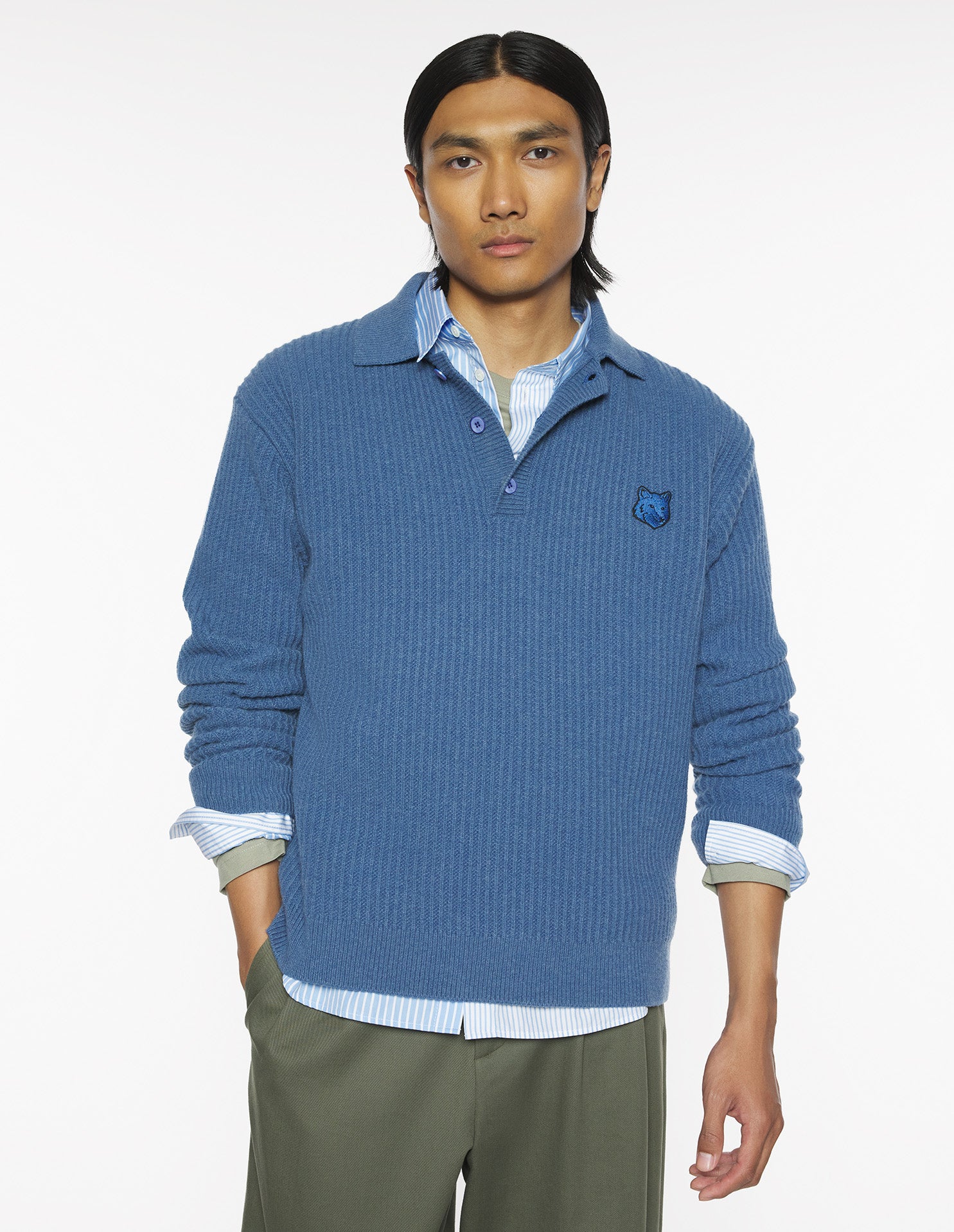 Fox Head Wool Ribbed Polo Jumper - Dutch Blue