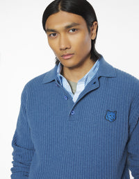 Fox Head Wool Ribbed Polo Jumper - Dutch Blue