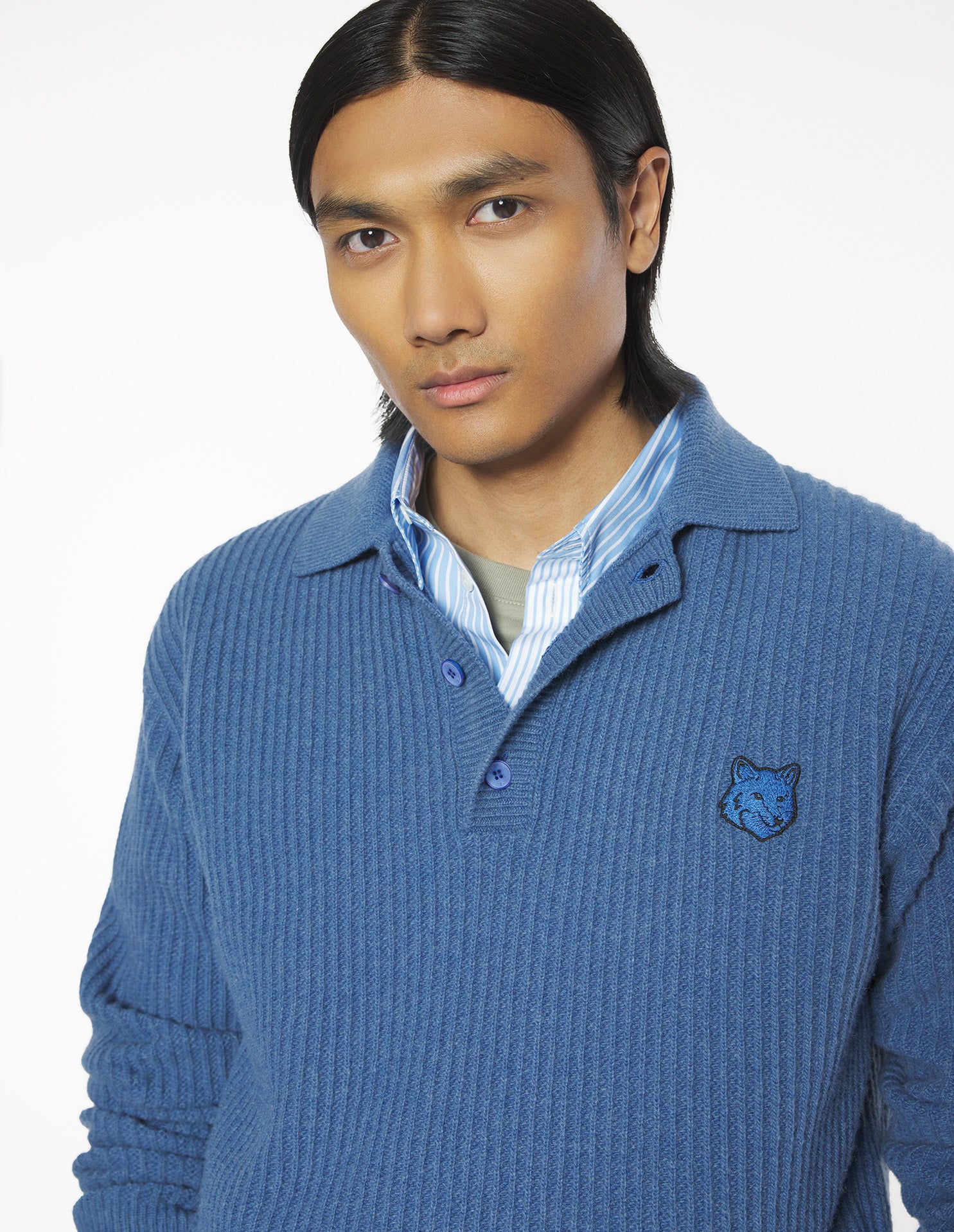 Fox Head Wool Ribbed Polo Jumper - Dutch Blue