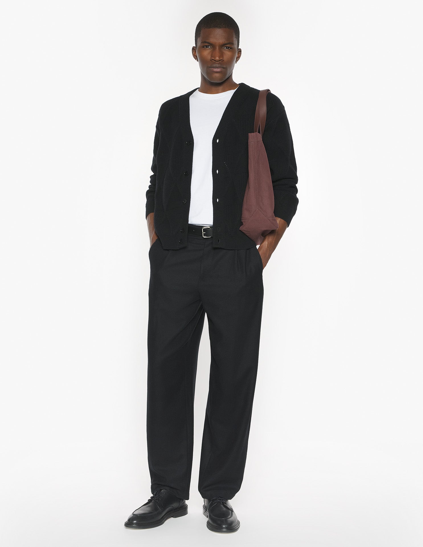 Textured Wool Argyle Cardigan - Black