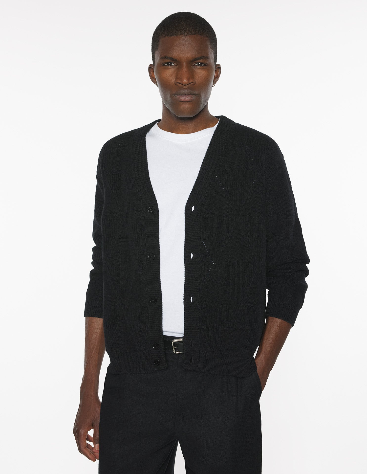 Textured Wool Argyle Cardigan - Black