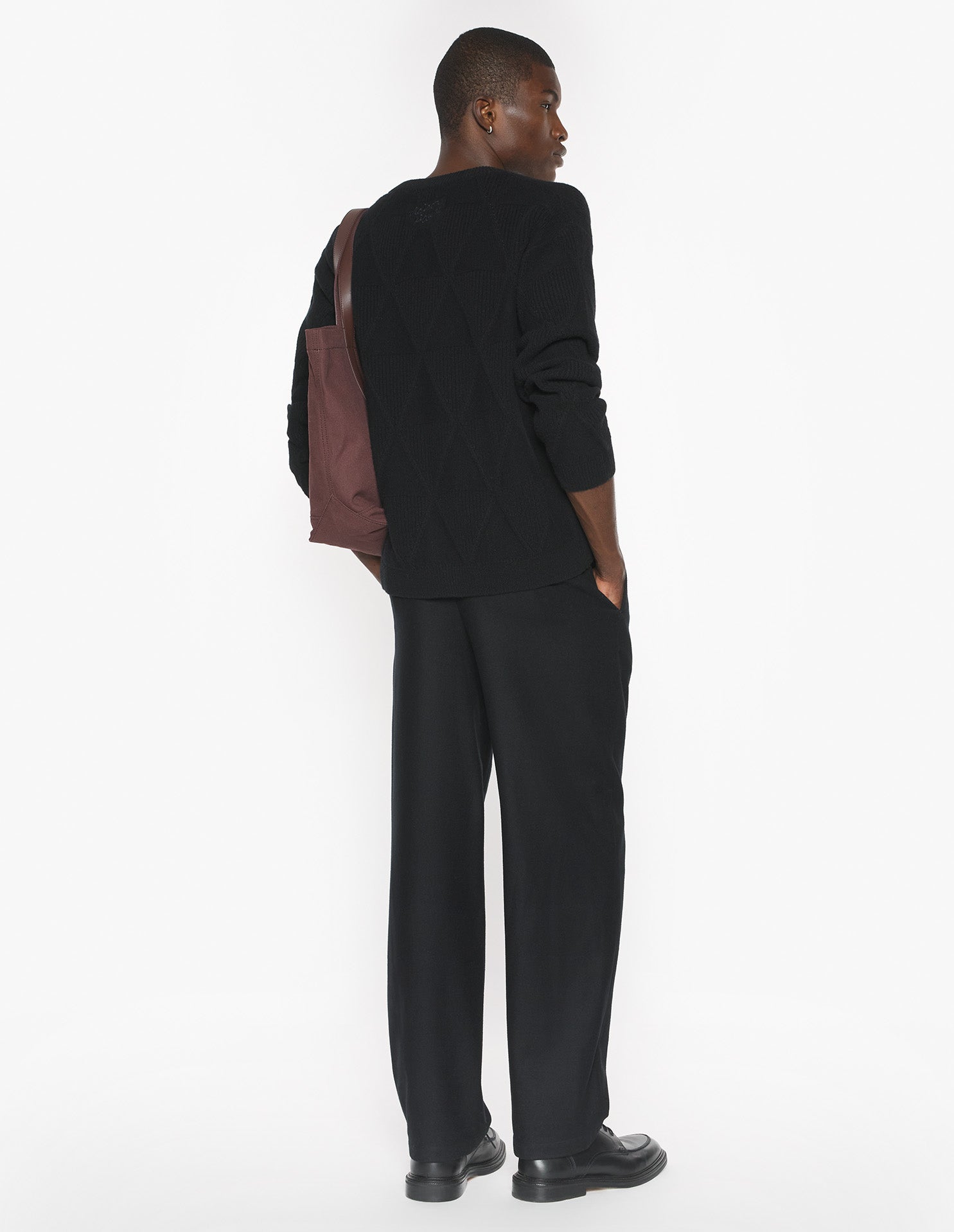 Textured Wool Argyle Cardigan - Black