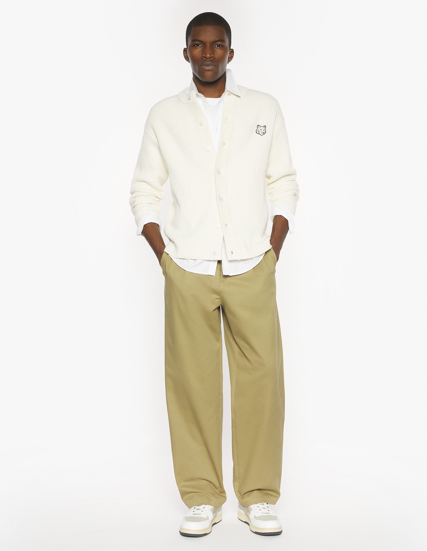 Fox Head Ribbed Regular Cardigan - Ecru