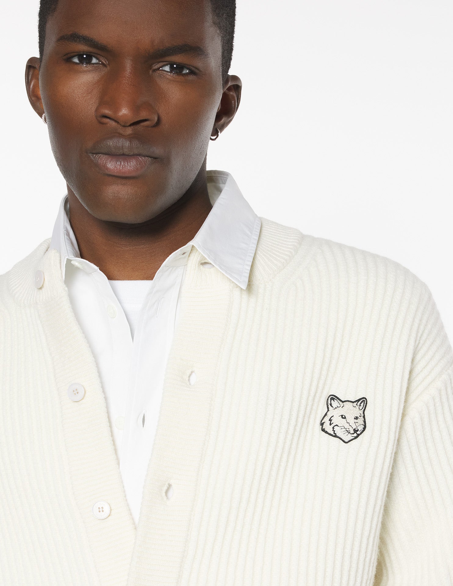 Fox Head Ribbed Regular Cardigan - Ecru