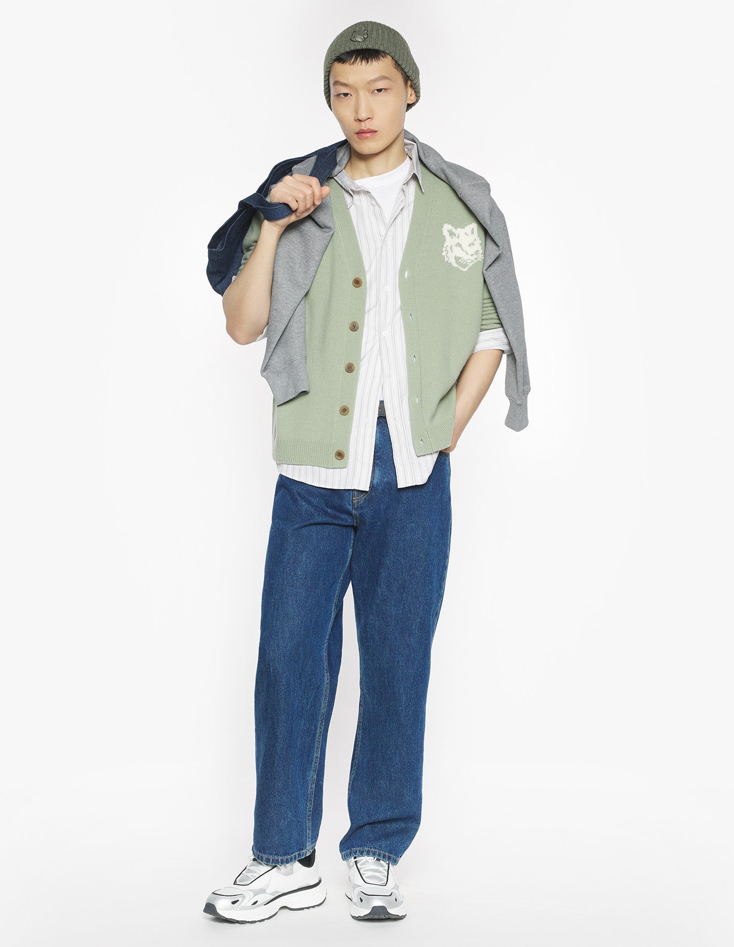 Fox Head Intarsia Merino Cardigan - Sea Foam/Solitary Star