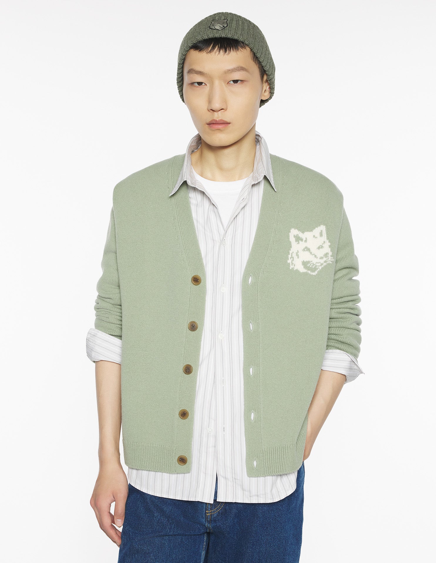 Fox Head Intarsia Merino Cardigan - Sea Foam/Solitary Star