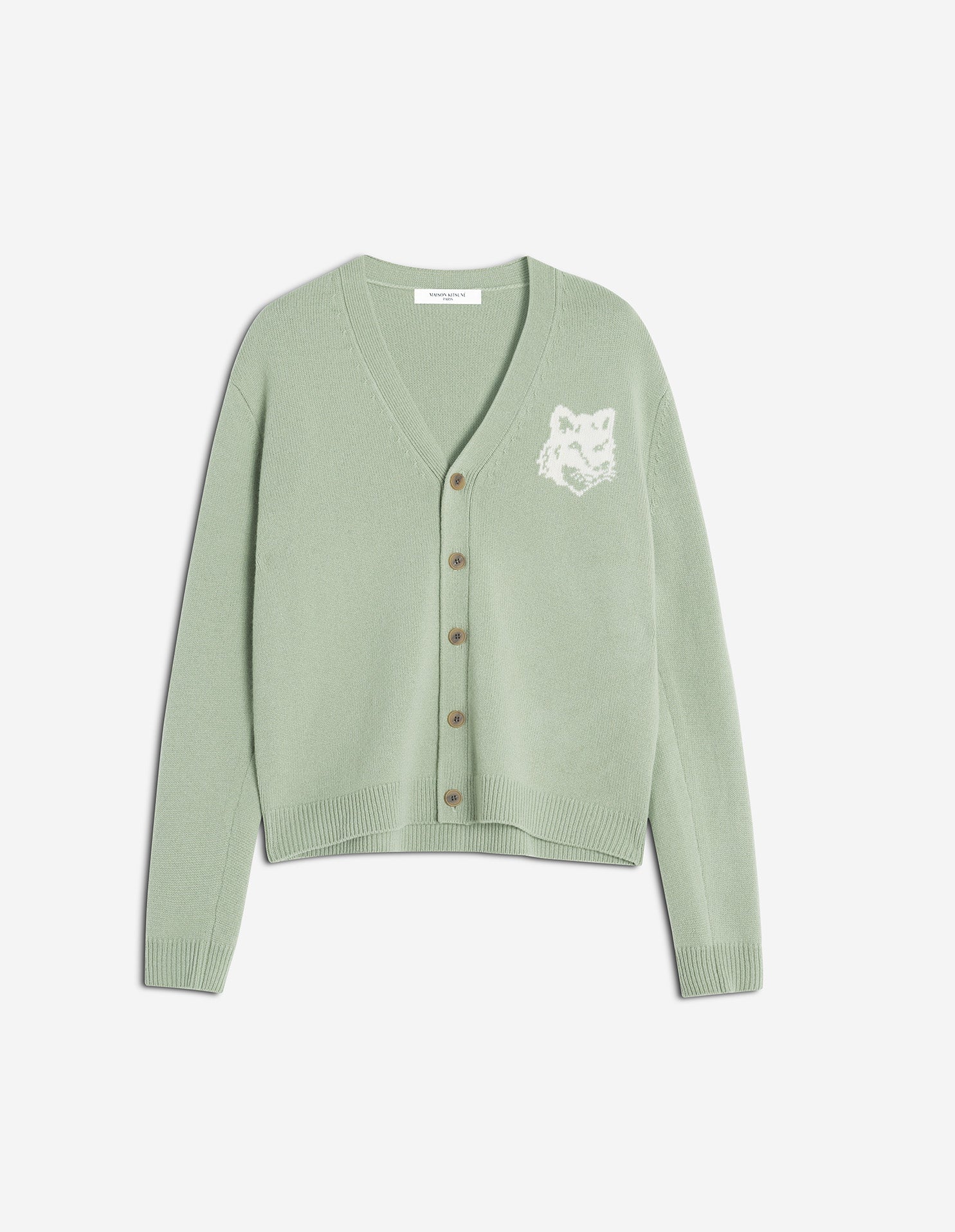 Fox Head Intarsia Merino Cardigan - Sea Foam/Solitary Star