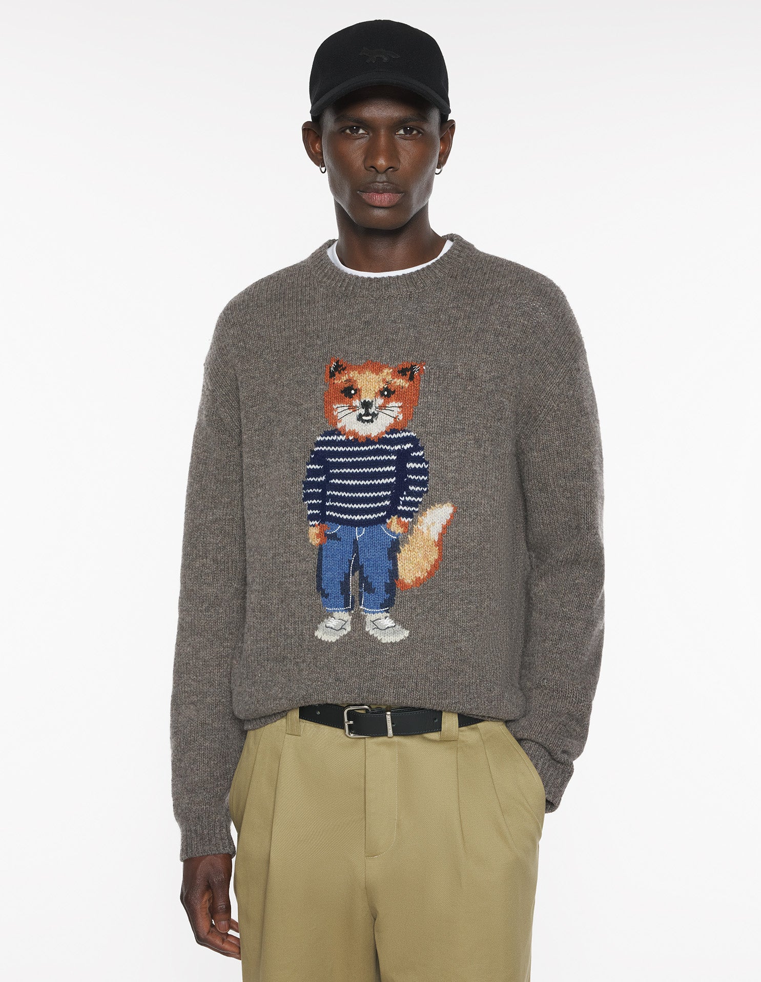 Dressed Fox Intarsia Wool Jumper - Dark Grey Melange