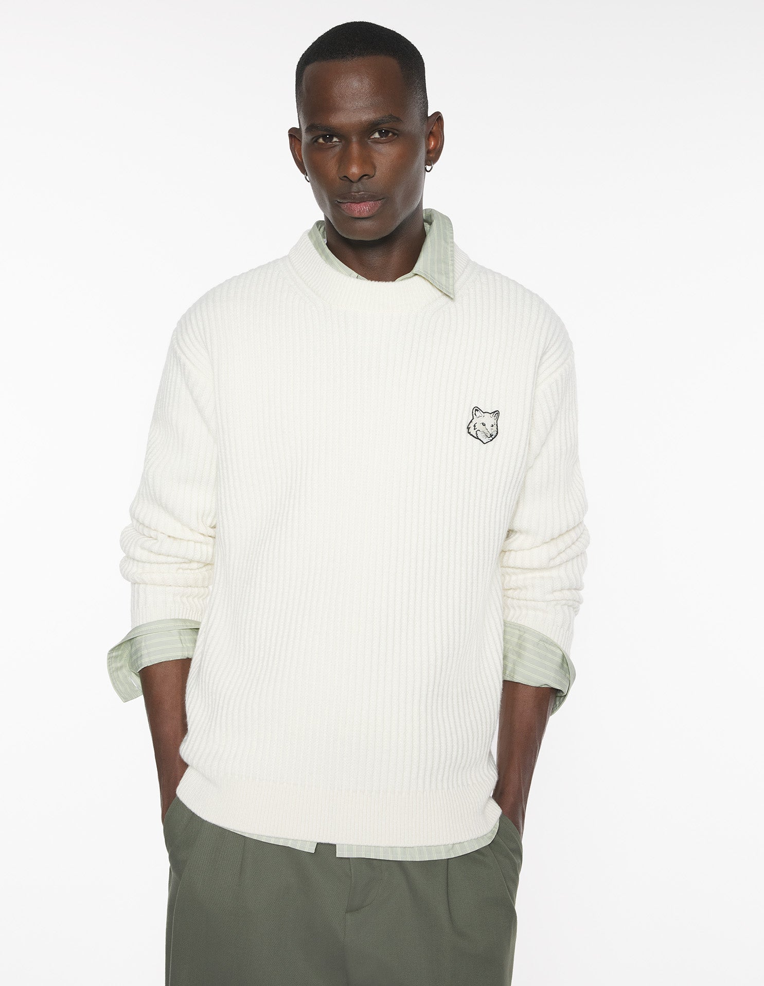 Fox Head Wool Ribbed Jumper - Ecru