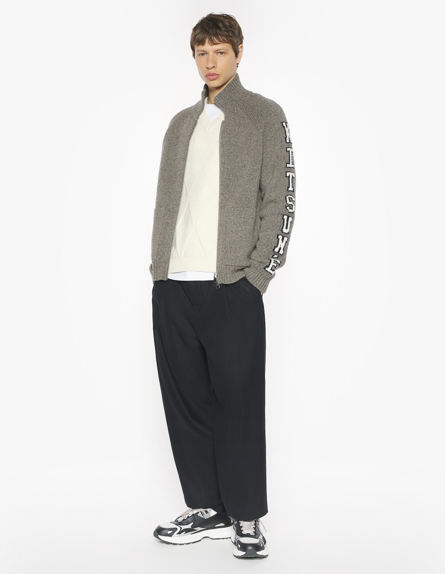 College Knitted Wool Jacket - Medium Grey Melange