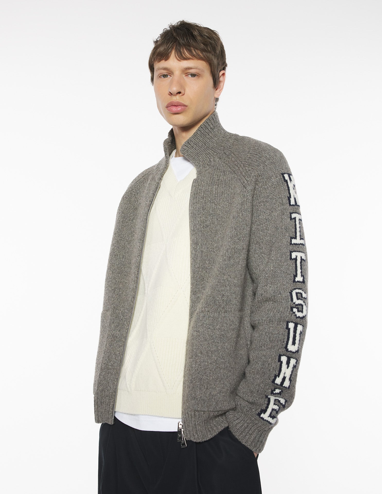 College Knitted Wool Jacket - Medium Grey Melange