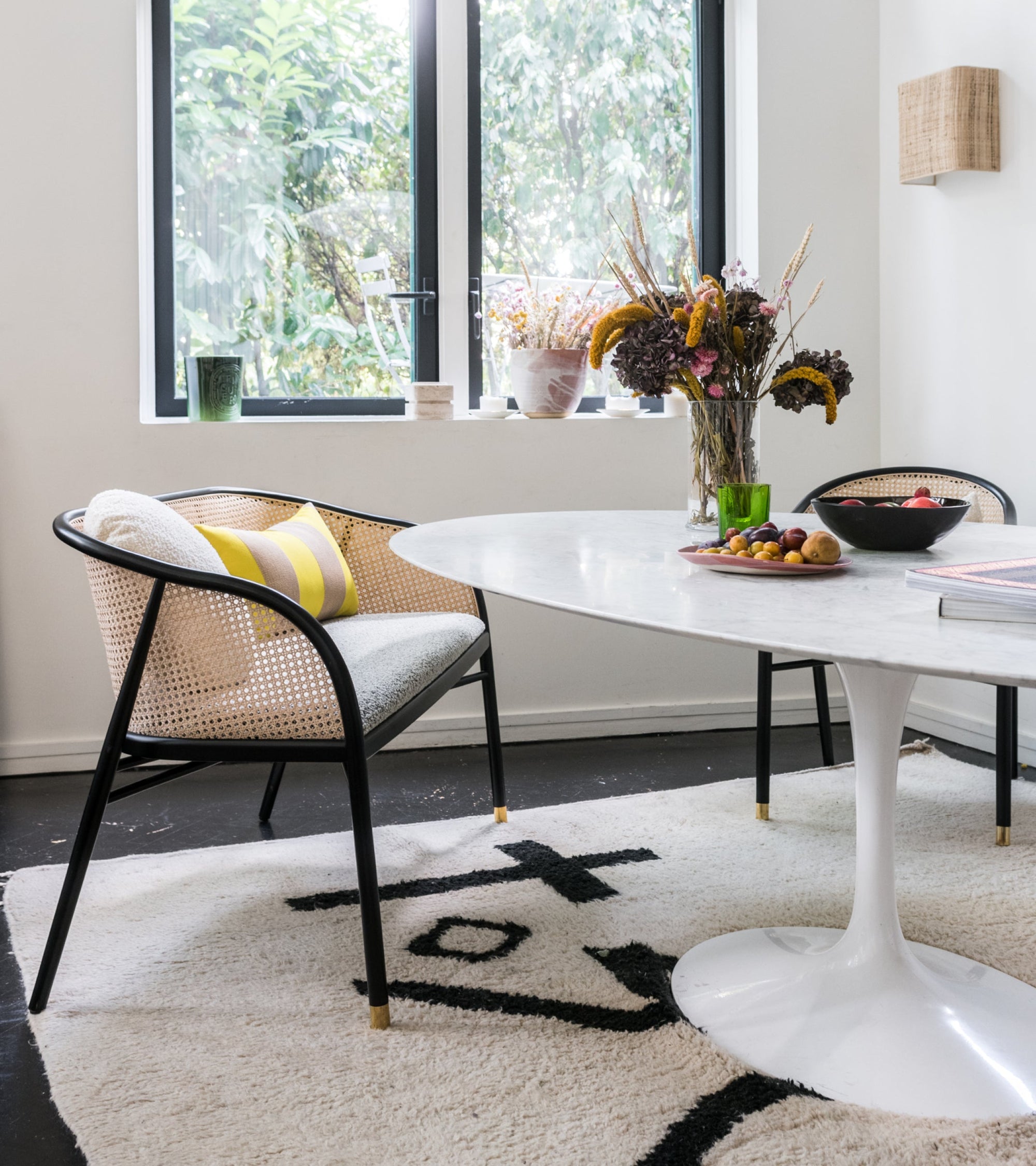 Wood and cane Cavallo bench seat - Black and White