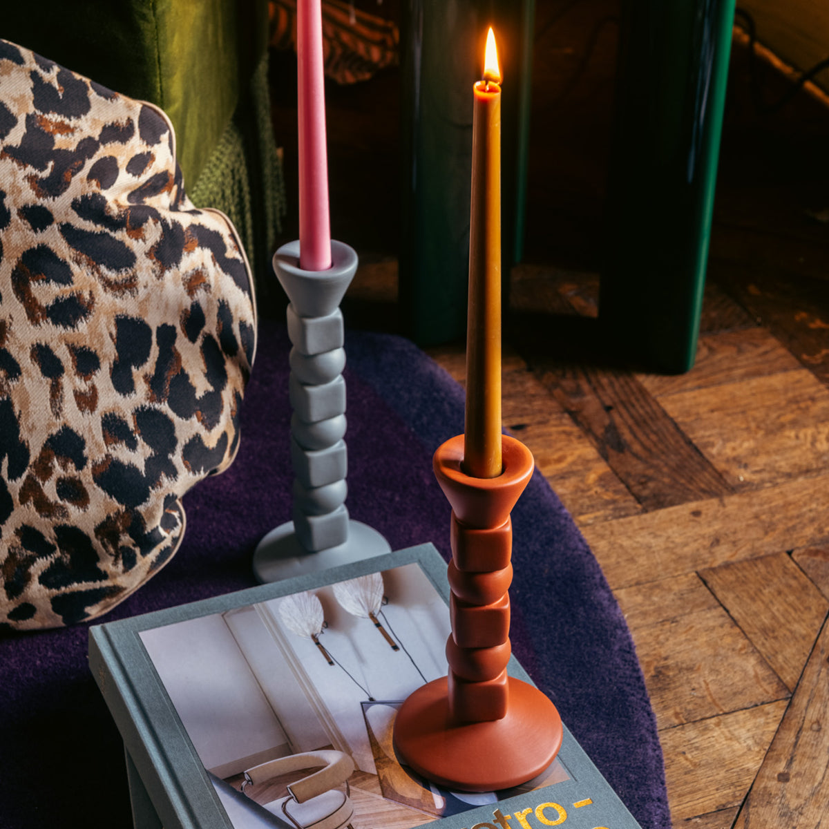 Duo de bougies flambeaux - Marron