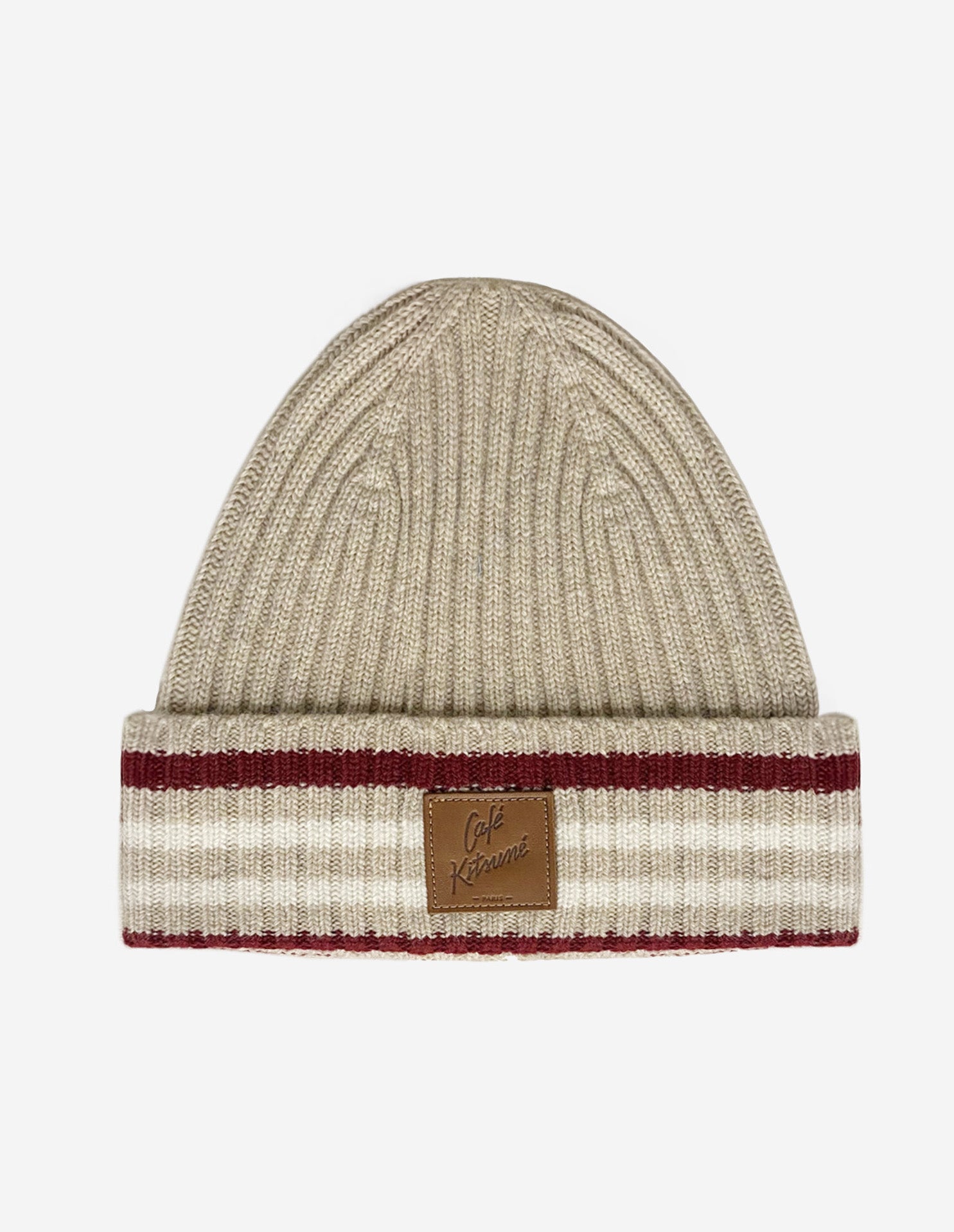 Wool Striped Beanie - Feather Beige/Mahogany Red