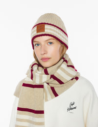 Wool Striped Beanie - Feather Beige/Mahogany Red
