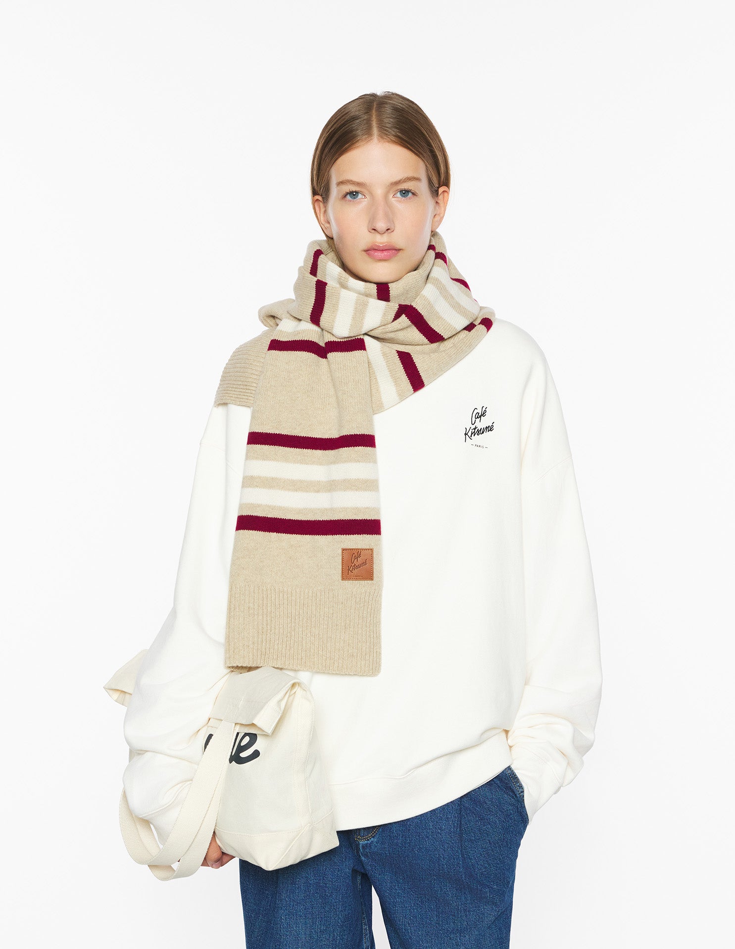 Wool Striped Scarf - Feather Beige/Mahogany Red