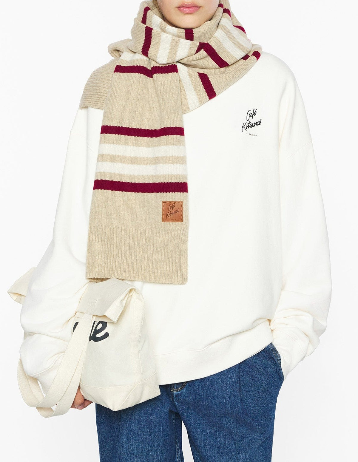 Écharpe rayée en laine - Feather Beige & Mahogany Red