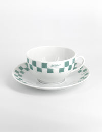 Checkerboard Porcelain Cappuccino Cup And Saucer - White/Matcha