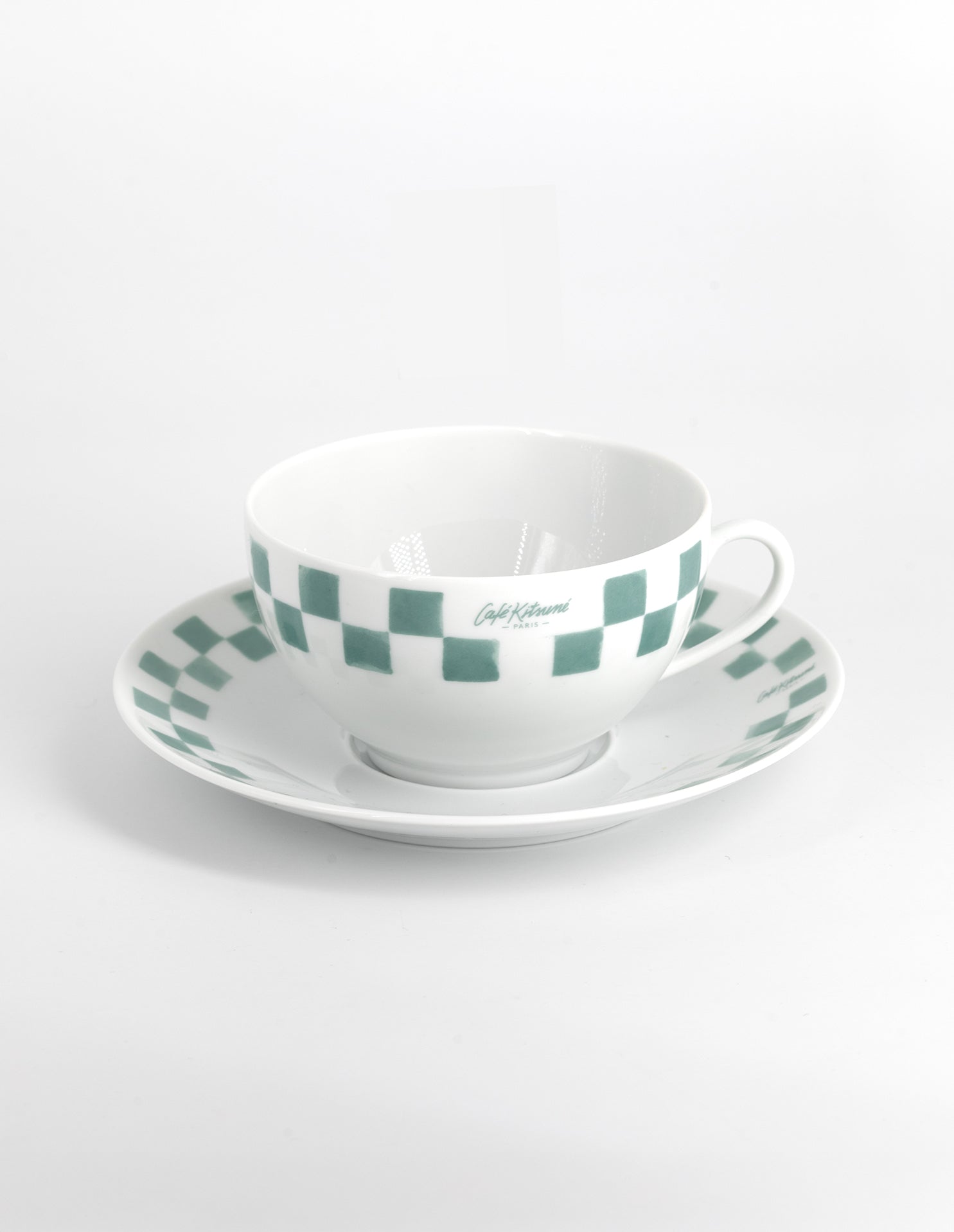 Checkerboard Porcelain Cappuccino Cup And Saucer - White/Matcha