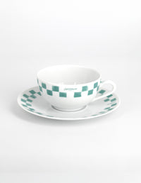 Checkerboard Porcelain Cup And Saucer - White/Matcha