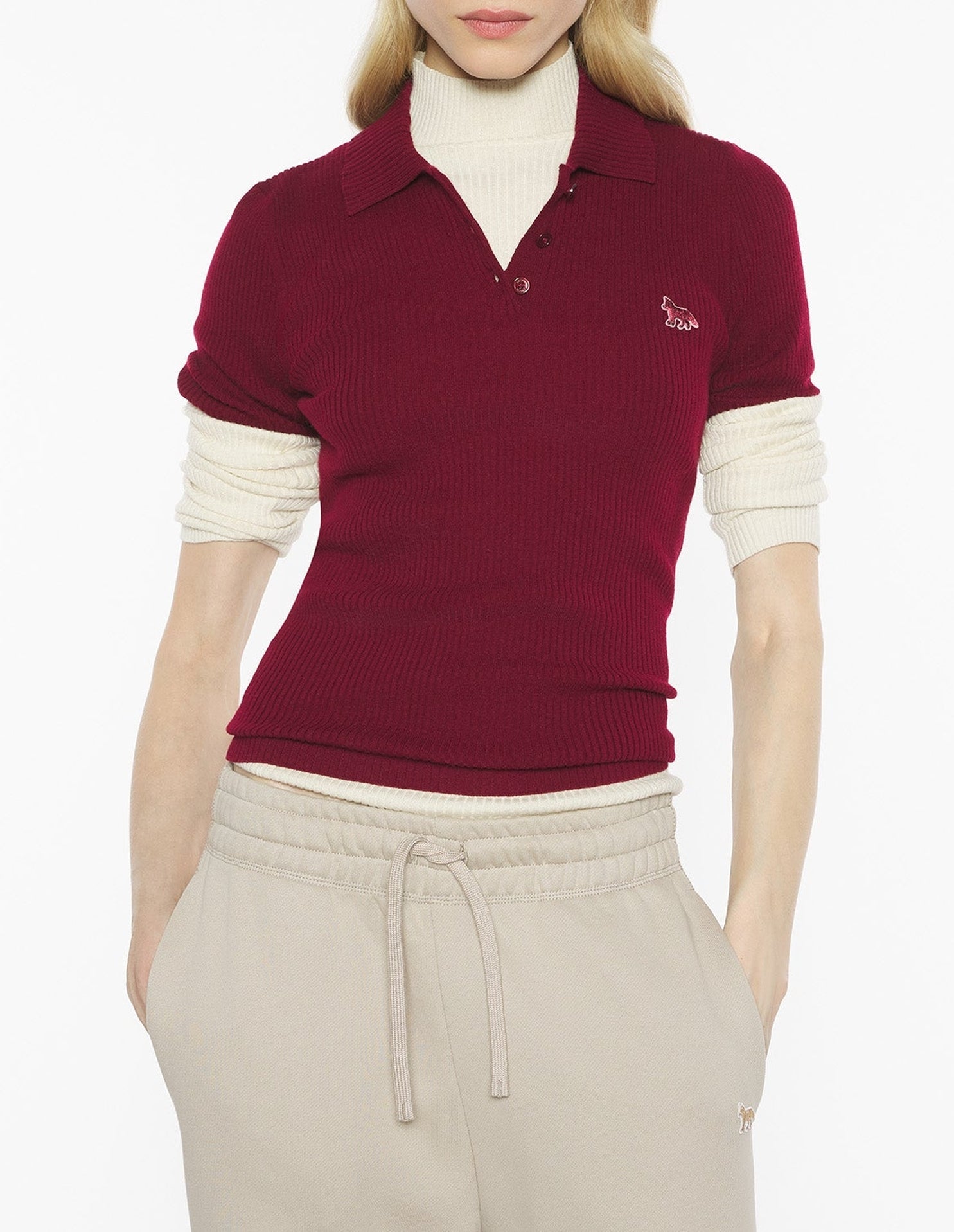 Polo côtelée fine Baby Fox en laine - Red Brown