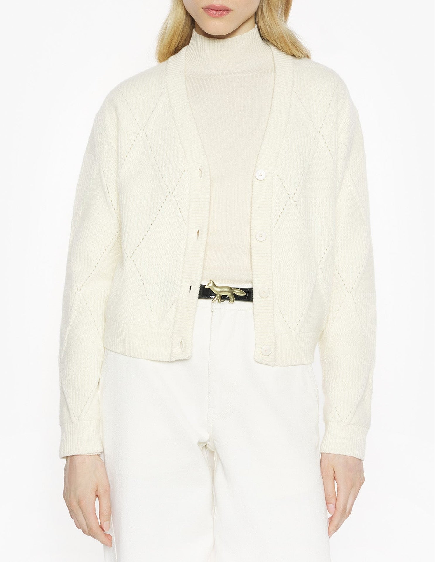 Cardigan en laine texturée motif argyle - Parchment White