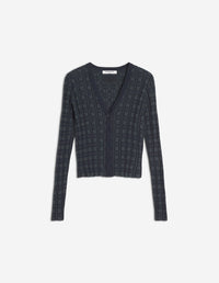 Merino Wool Rib Check Cardigan - Navy/Medium Grey Melange