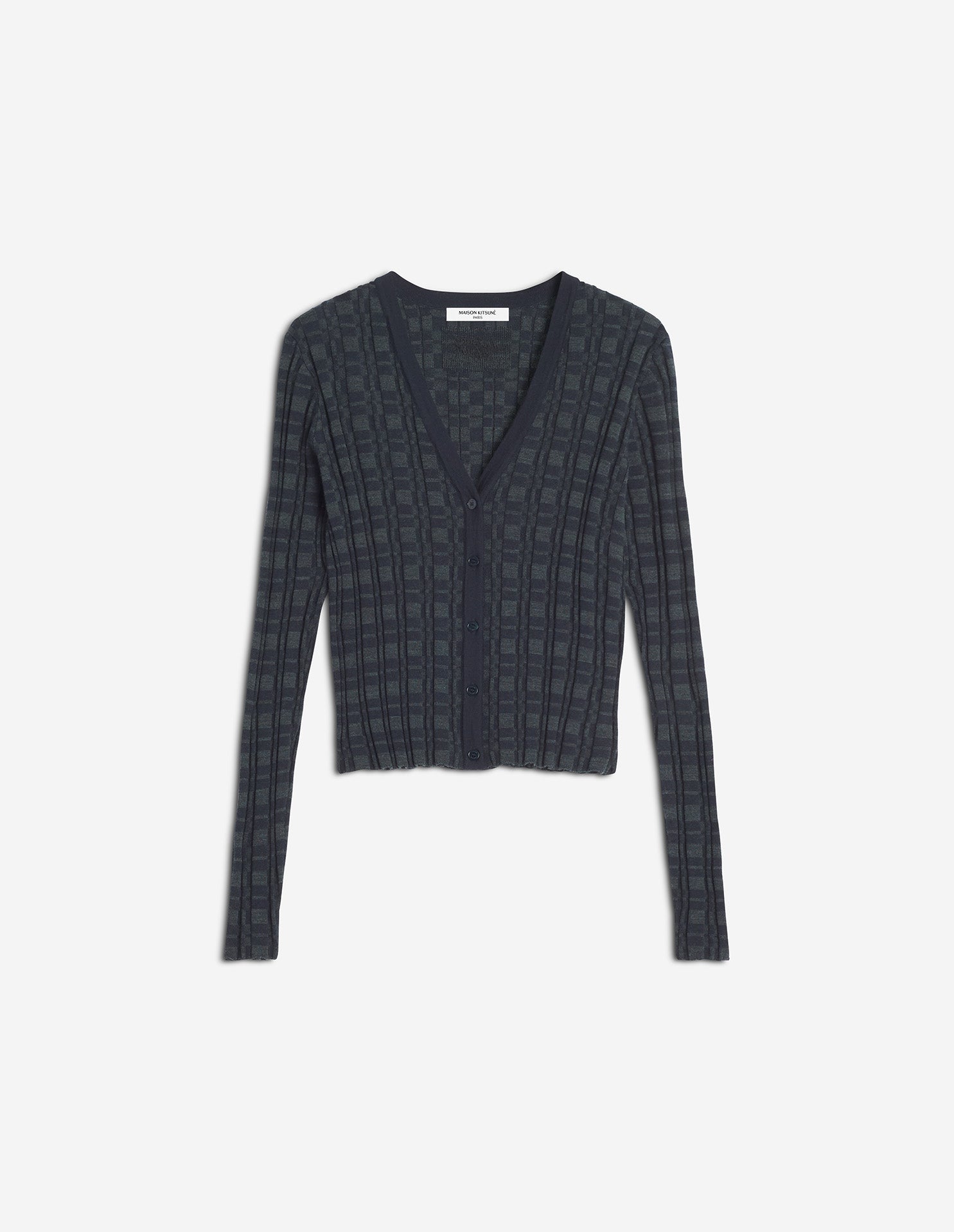 Merino Wool Rib Check Cardigan - Navy/Medium Grey Melange