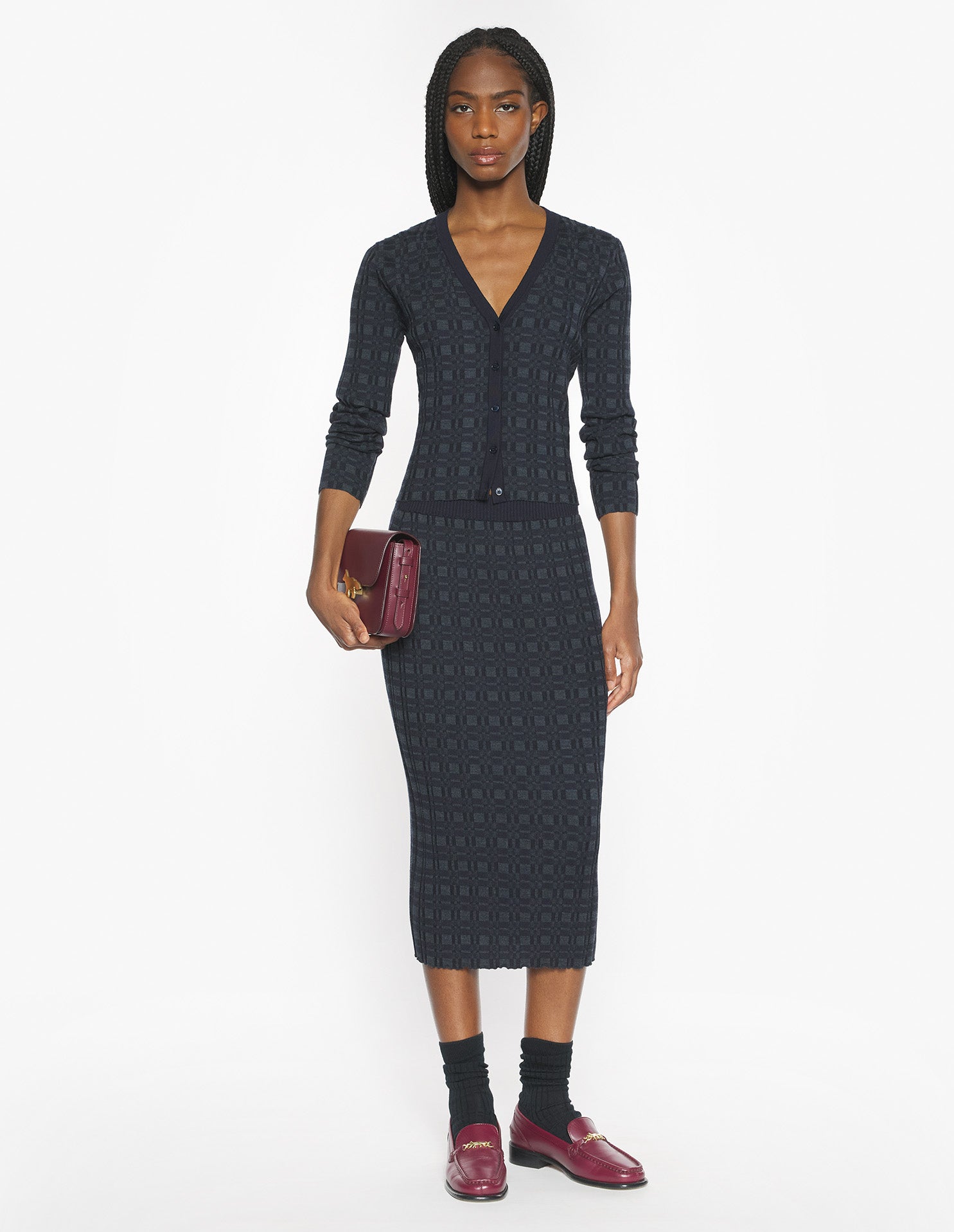 Merino Wool Rib Check Cardigan - Navy/Medium Grey Melange