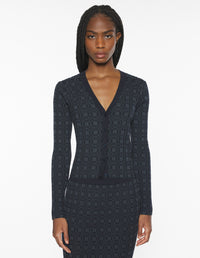 Merino Wool Rib Check Cardigan - Navy/Medium Grey Melange