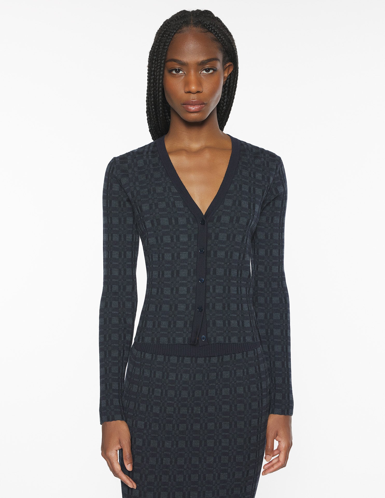 Merino Wool Rib Check Cardigan - Navy/Medium Grey Melange