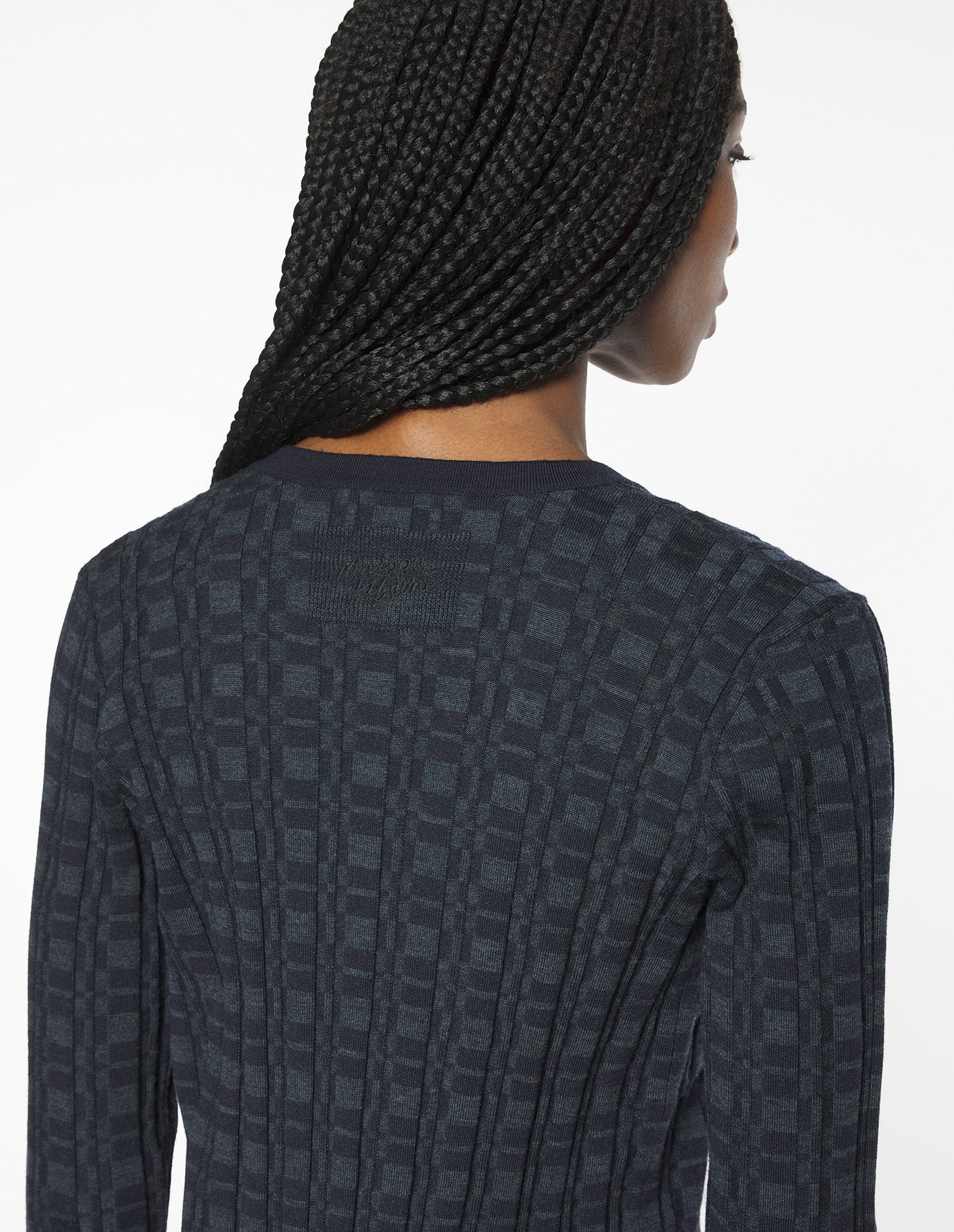 Merino Wool Rib Check Cardigan - Navy/Medium Grey Melange