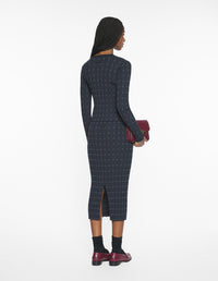 Merino Wool Rib Check Cardigan - Navy/Medium Grey Melange