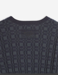 Merino Wool Rib Check Cardigan - Navy/Medium Grey Melange