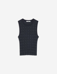 Merino Wool Rib Check Top - Navy/Medium Grey Melange