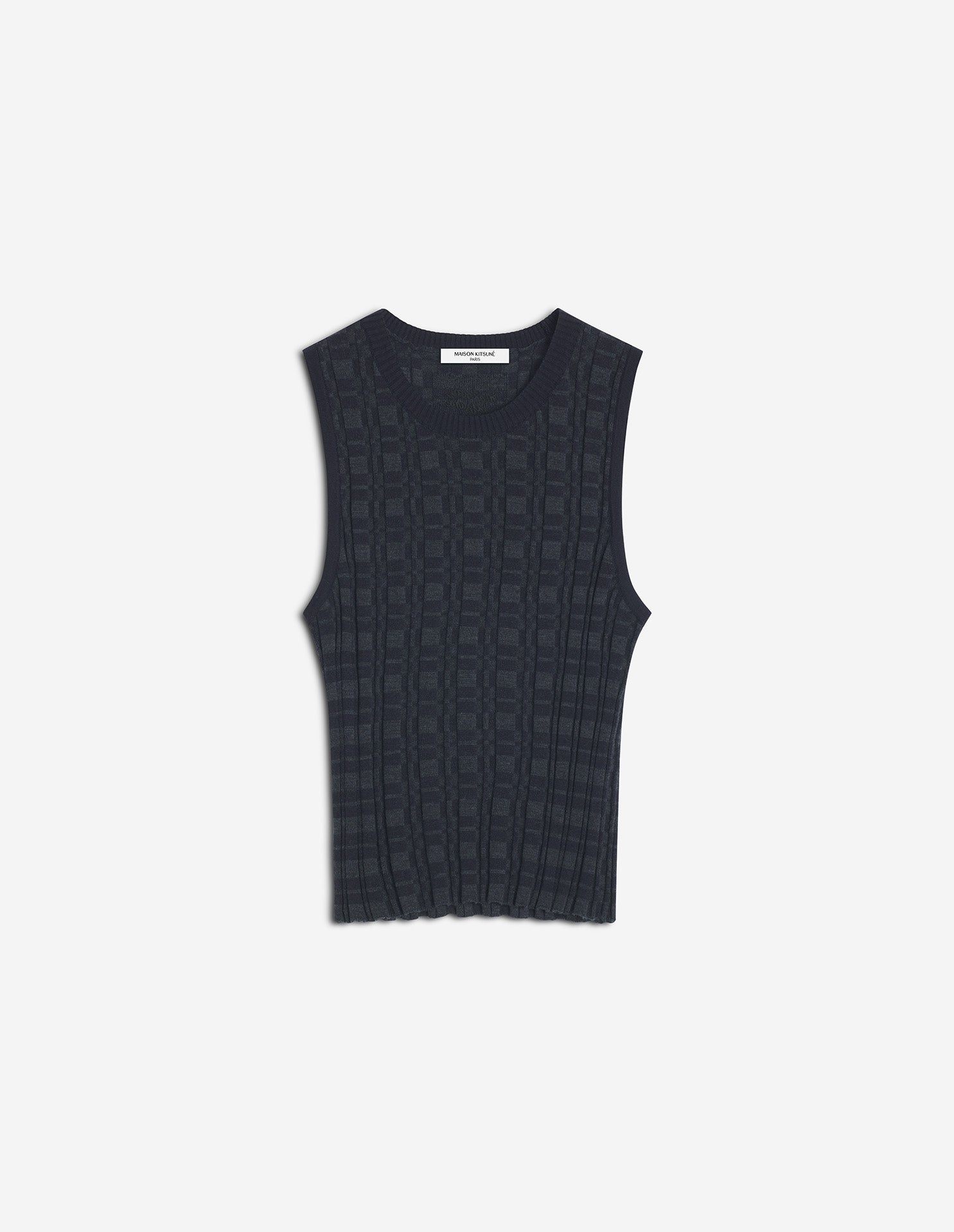Merino Wool Rib Check Top - Navy/Medium Grey Melange