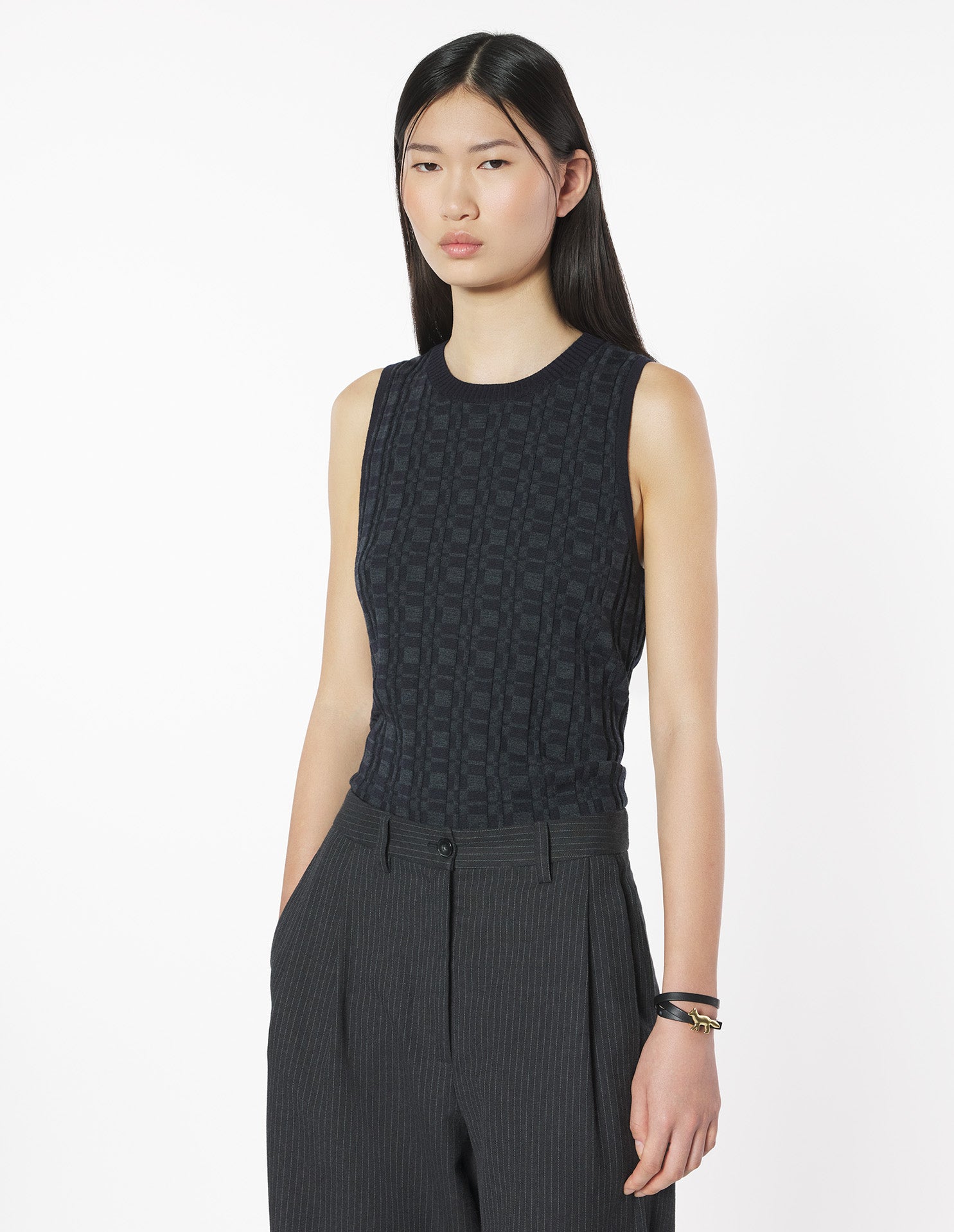 Merino Wool Rib Check Top - Navy/Medium Grey Melange