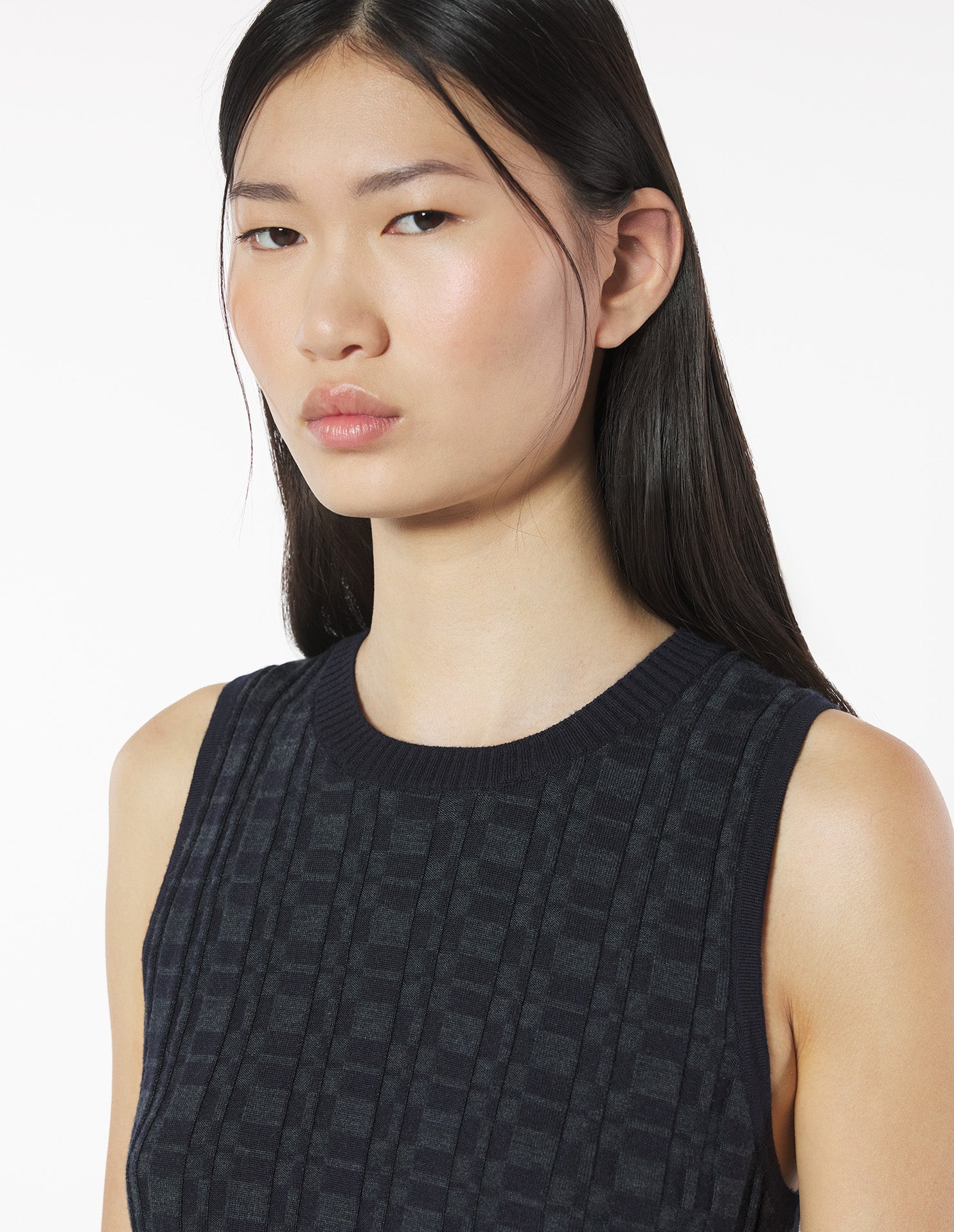 Merino Wool Rib Check Top - Navy/Medium Grey Melange
