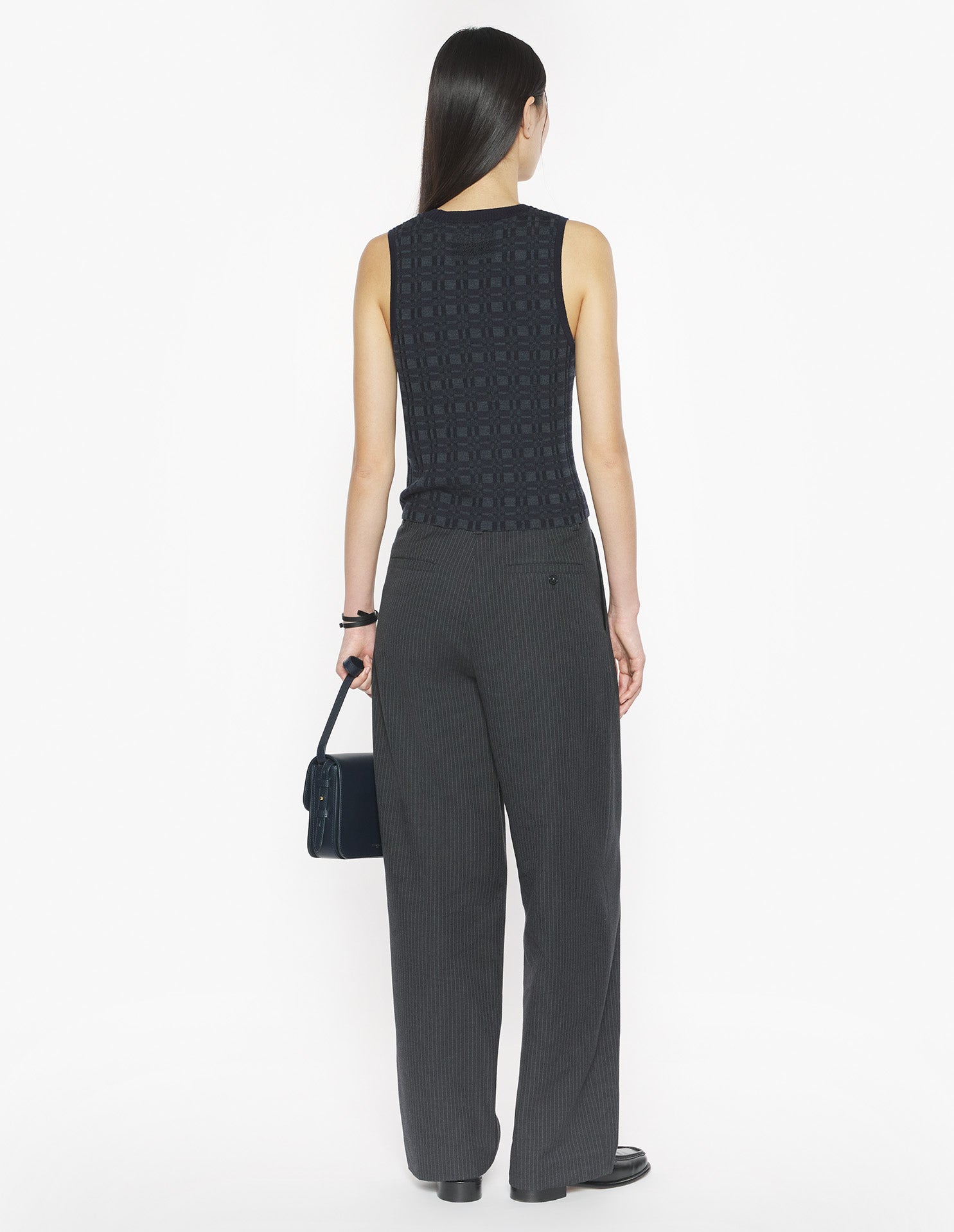 Merino Wool Rib Check Top - Navy/Medium Grey Melange