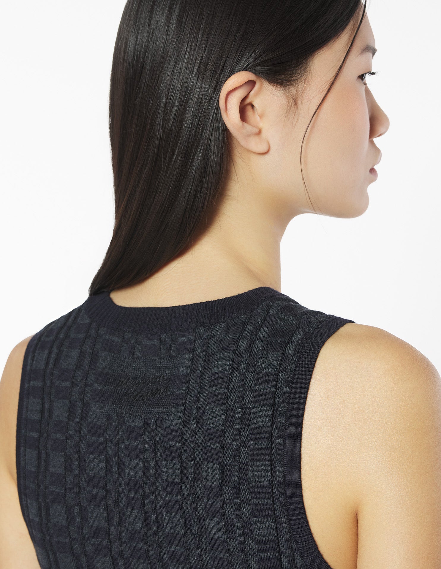 Merino Wool Rib Check Top - Navy/Medium Grey Melange