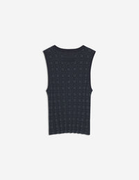 Merino Wool Rib Check Top - Navy/Medium Grey Melange
