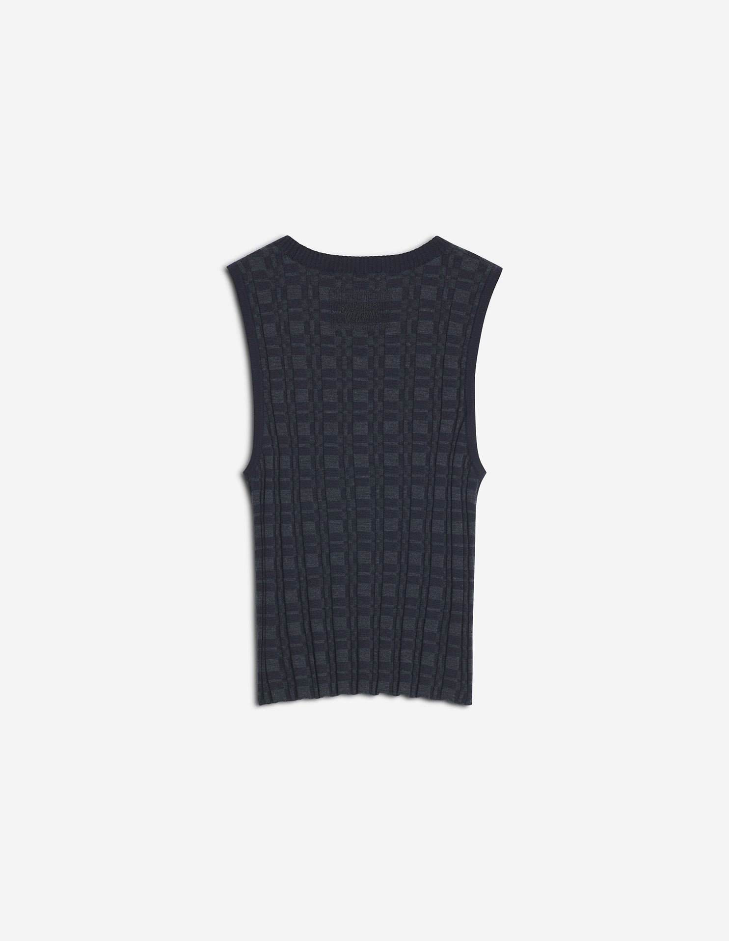 Merino Wool Rib Check Top - Navy/Medium Grey Melange