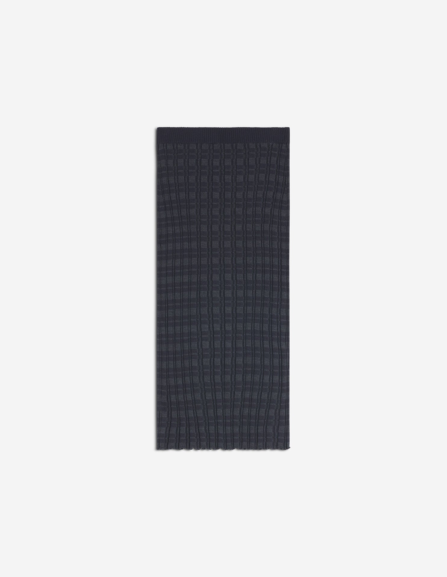 Merino Wool Rib Check Long Skirt - Navy/Medium Grey Melange