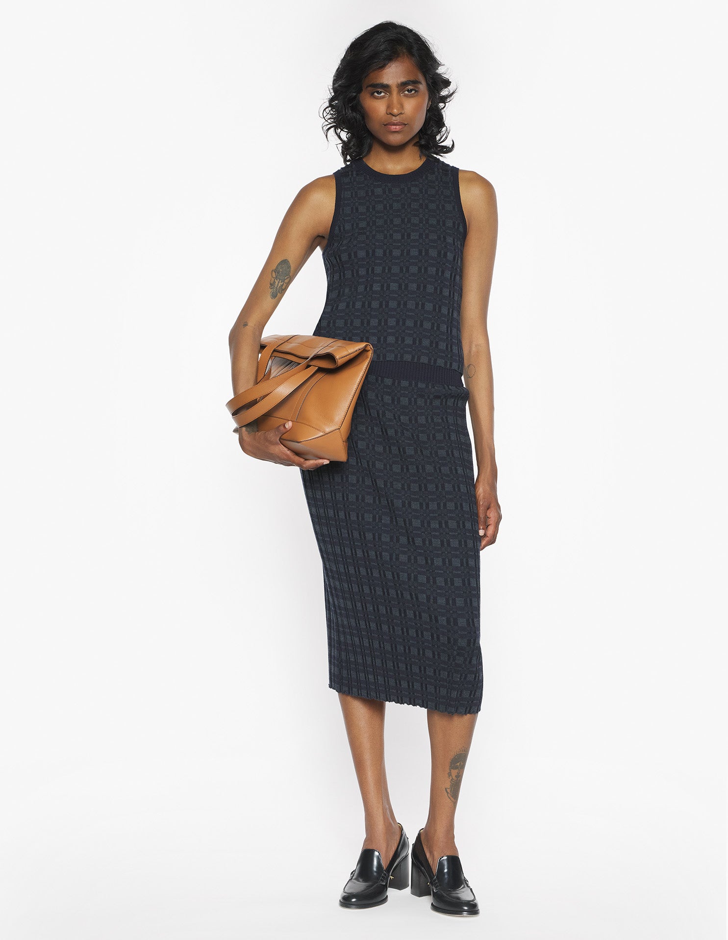 Merino Wool Rib Check Long Skirt - Navy/Medium Grey Melange