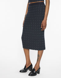 Merino Wool Rib Check Long Skirt - Navy/Medium Grey Melange