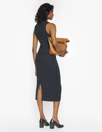 Merino Wool Rib Check Long Skirt - Navy/Medium Grey Melange