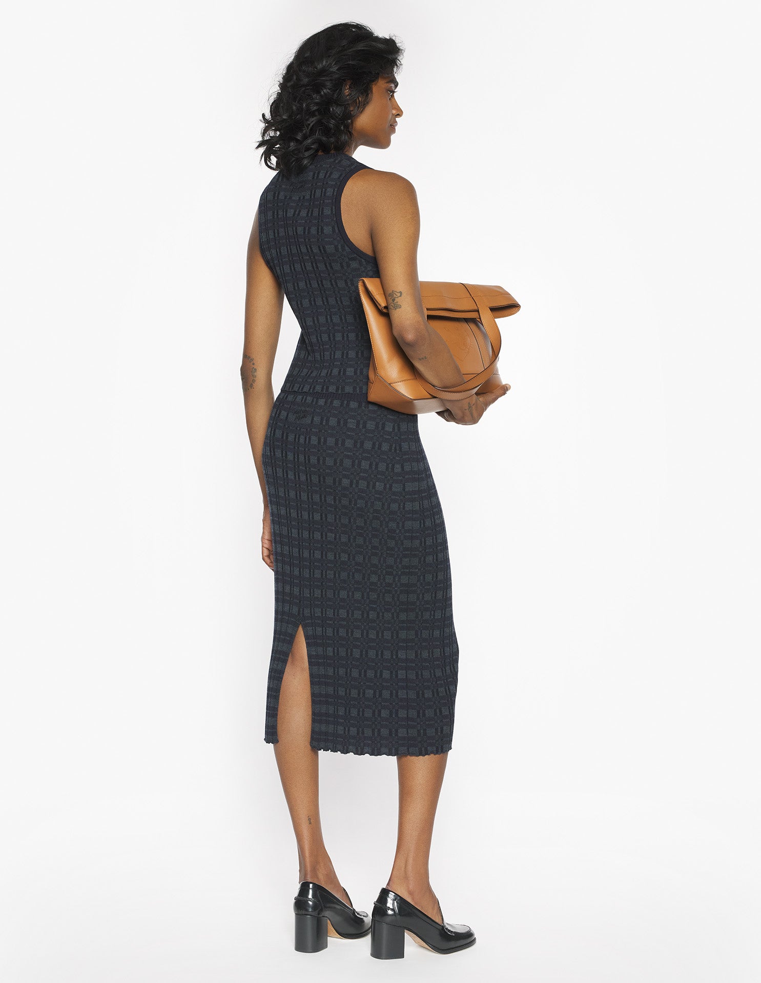 Merino Wool Rib Check Long Skirt - Navy/Medium Grey Melange