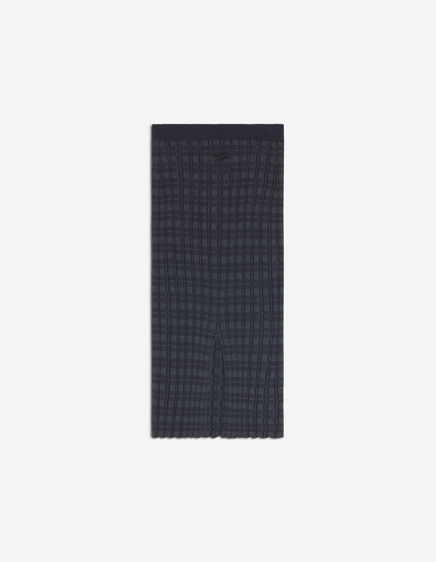 Merino Wool Rib Check Long Skirt - Navy/Medium Grey Melange